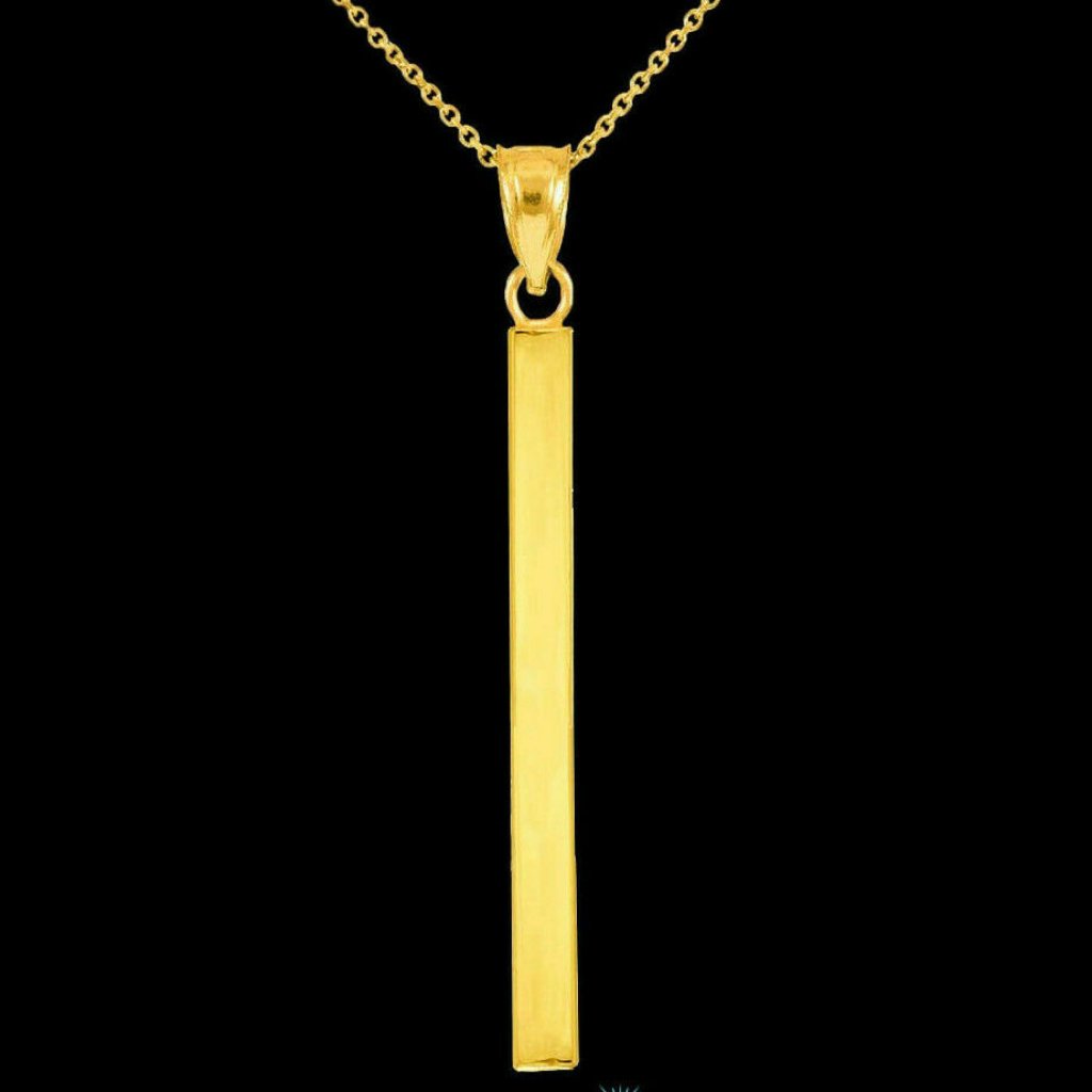14k Solid Gold Vertical Thin Straight Bar Necklace